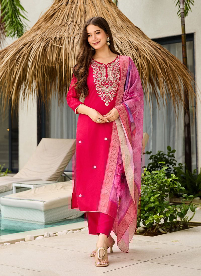 Pink Viscose Embroidered And Printed Straight Pant Suit