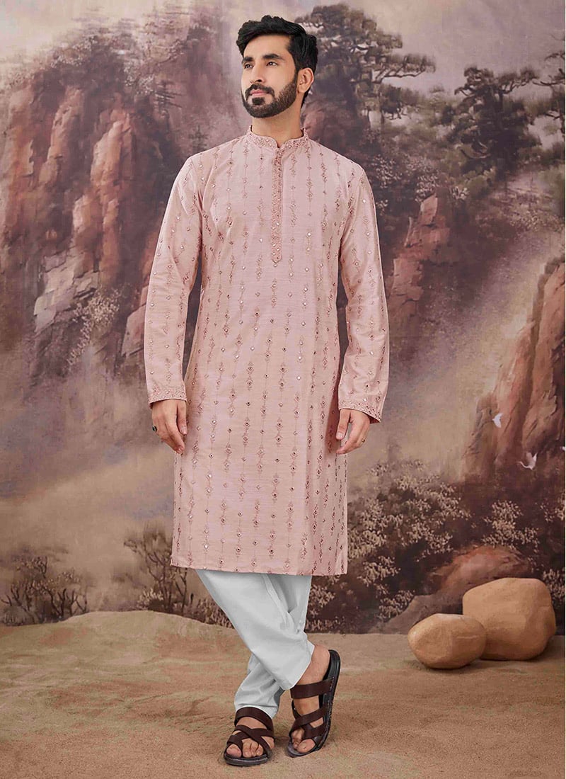 Pink Viscose Embroidered Mirror Work Kurta Pyjama Festive Wear