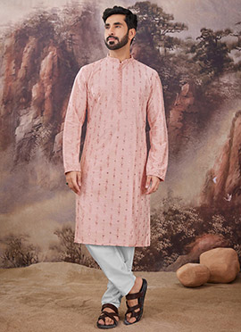 Pink Viscose Embroidered Mirror Work Kurta Pyjama