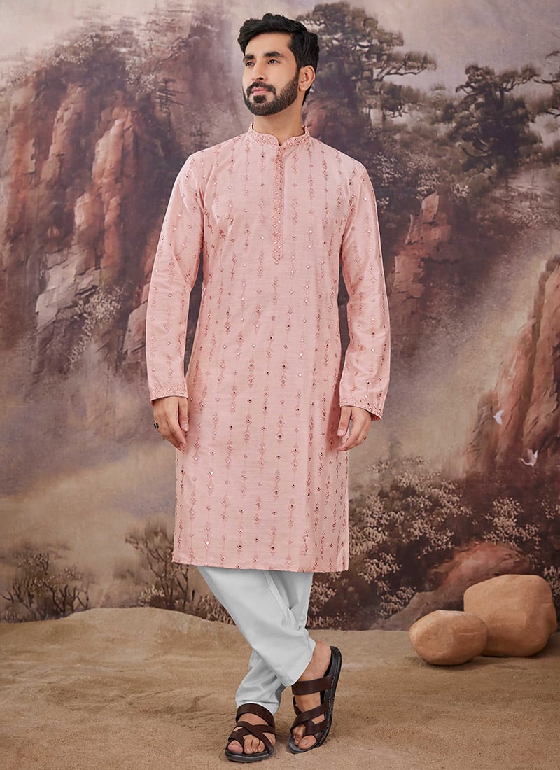 Pink Viscose Embroidered Mirror Work Kurta Pyjama Festive Wear