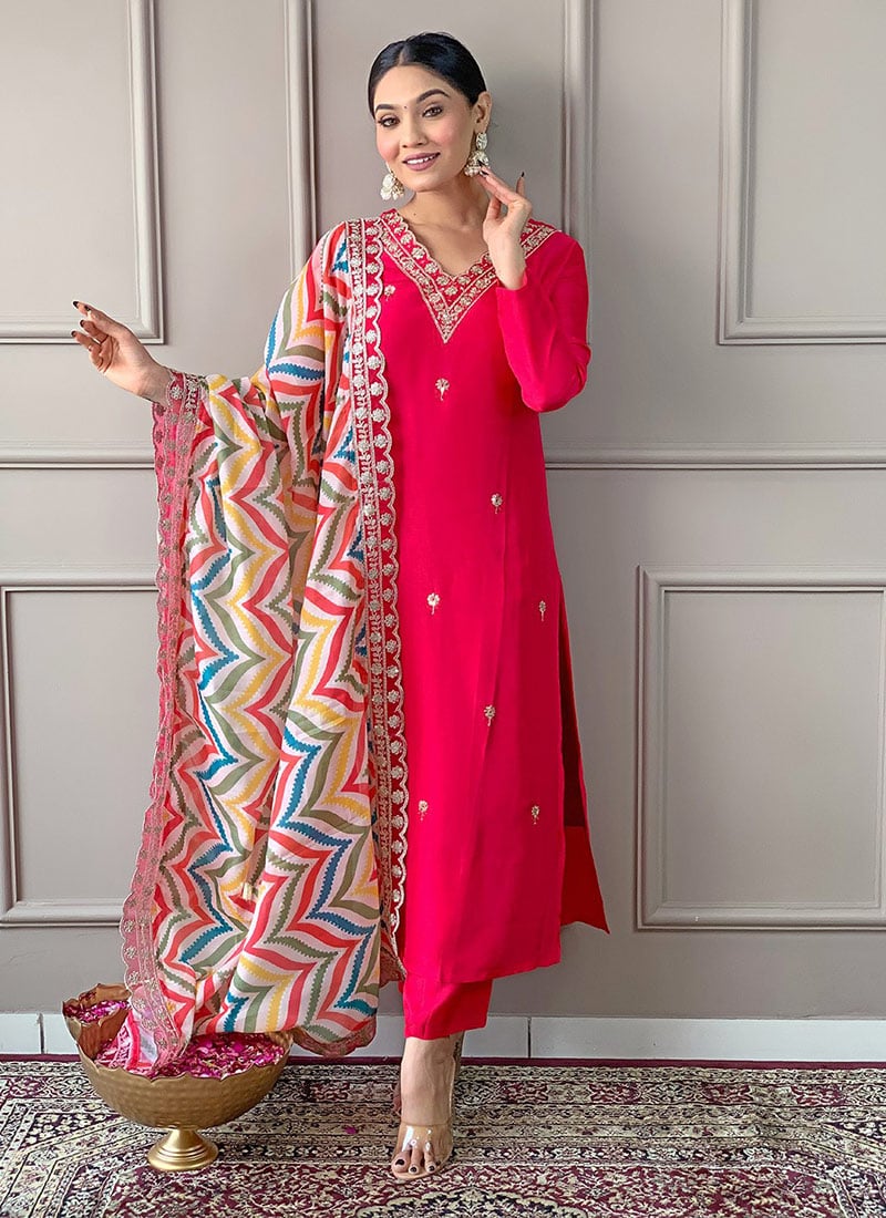 Pink Viscose Embroidered Sequins Straight Pant Suit With Printed Dupatta