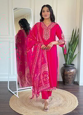 Pink Viscose Embroidered Straight Pant Suit With Printed Dupatta