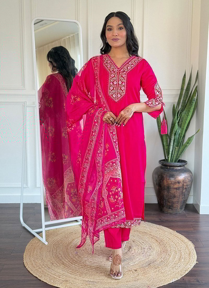 Pink Viscose Embroidered Straight Pant Suit With Printed Dupatta Festive Wear