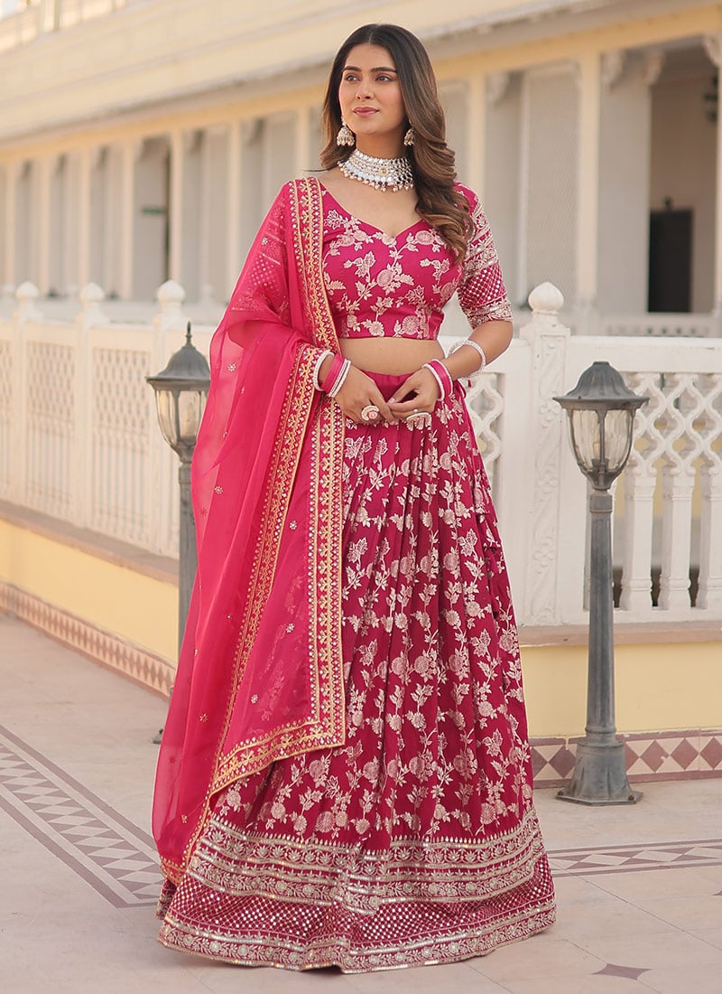 Pink Viscose Embroidered Umbrella Lehenga Party Wear
