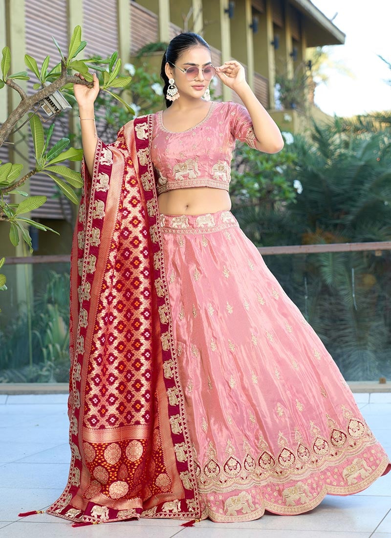 Pink Viscose Embroidered Zari And Gota Umbrella Lehenga