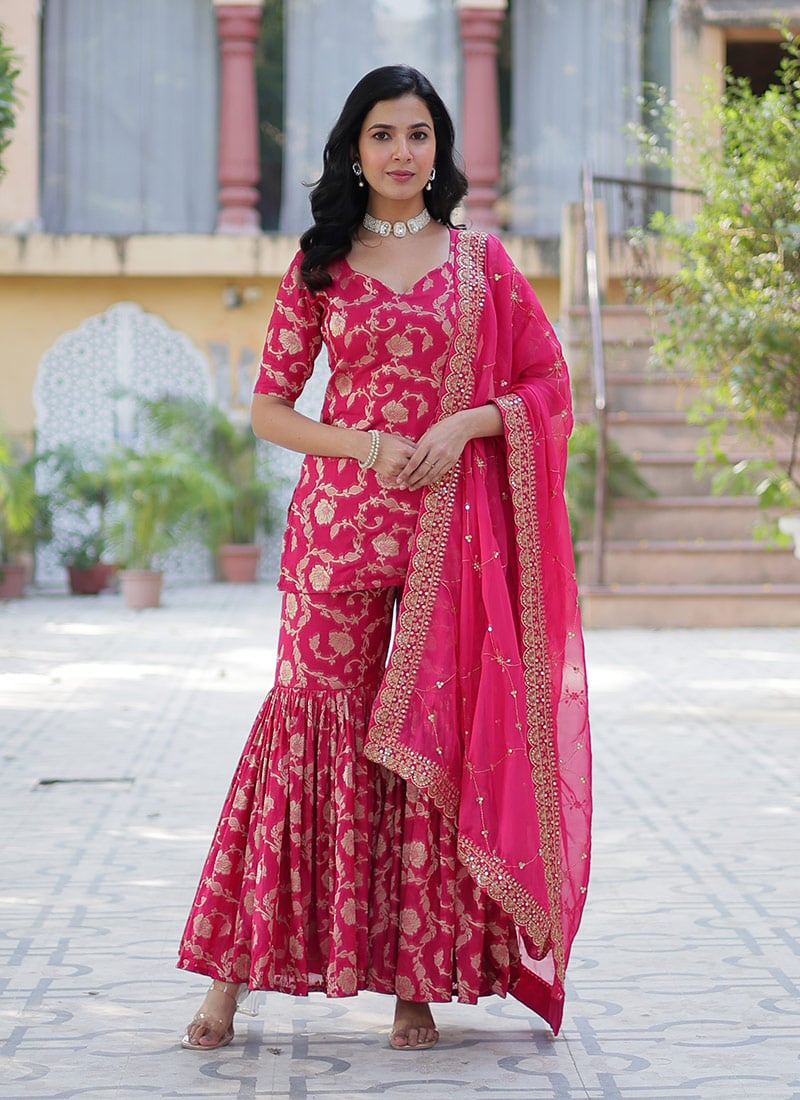 Pink Viscose Georgette Jacquard With Embroidered Sequins Sharara Suit Festive Wear-SLSPRT28693