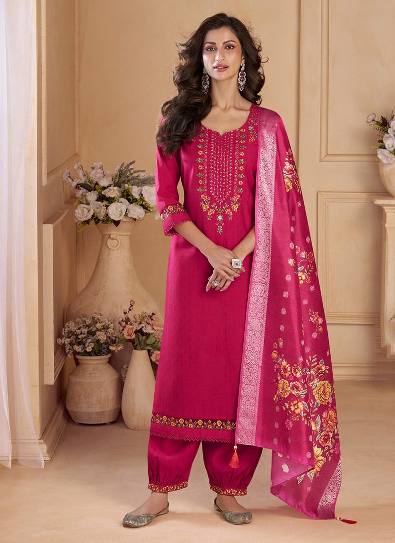 Pink Viscose Hand Work Sequins Afghani Salwar Suit With Digital Print Dupatta Festive Wear