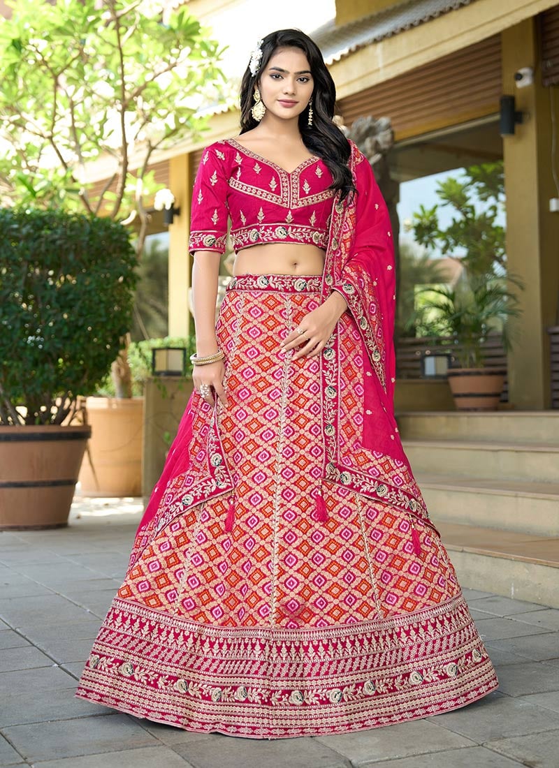 Pink Viscose Jacquard Gota Embroidered Bandhini Print Umbrella Lehenga