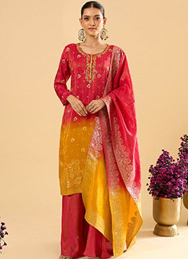 Pink Viscose Jacquard Hand Embroidered Palazzo Suit