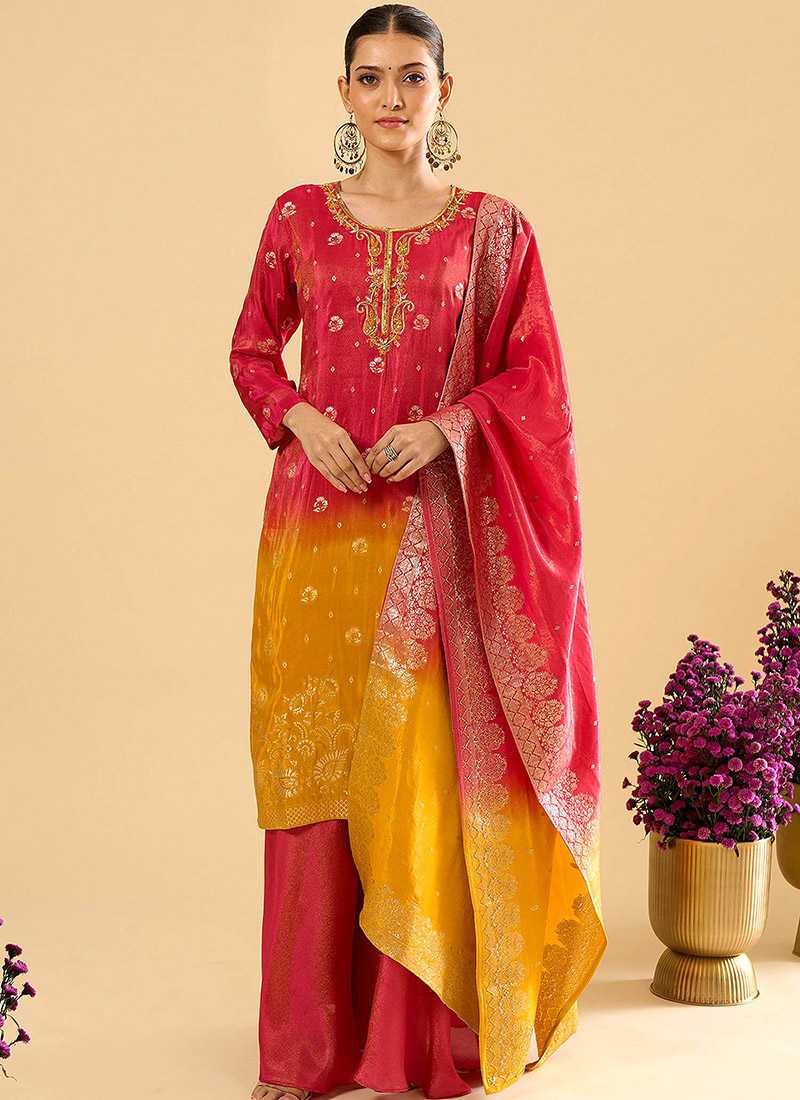 Pink Viscose Jacquard Hand Embroidered Palazzo Suit Festive Wear