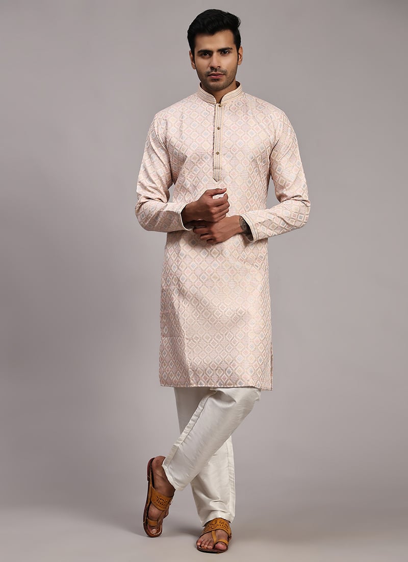 Pink Viscose Jacquard Kurta