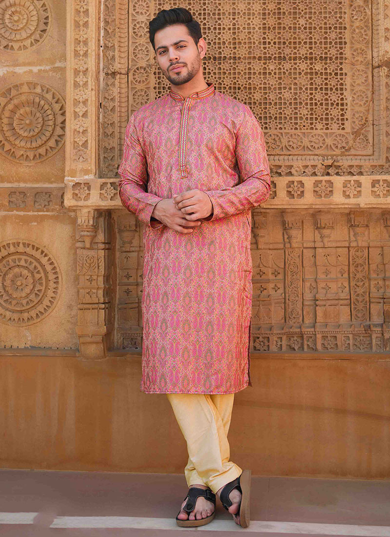 Pink Viscose Jacquard Kurta Pyjama For Men Festive Wear