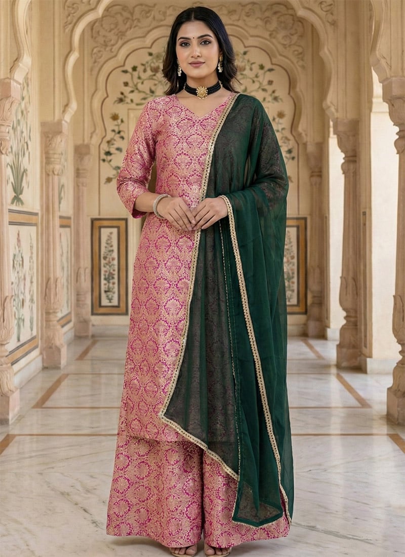 Pink Viscose Jacquard Sharara Suit Festive Wear