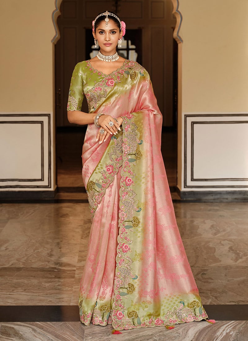Pink Viscose Jacquard Silk Zari And Sequins Embroidered Saree Festive Wear
