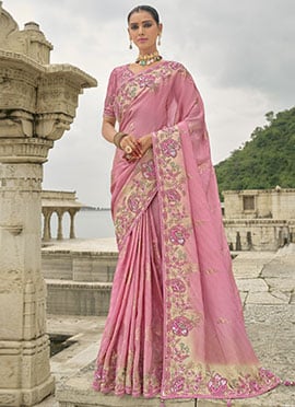 Pink Viscose Jacquard Zari Embroidered Sequins Stone And Beads Work Saree