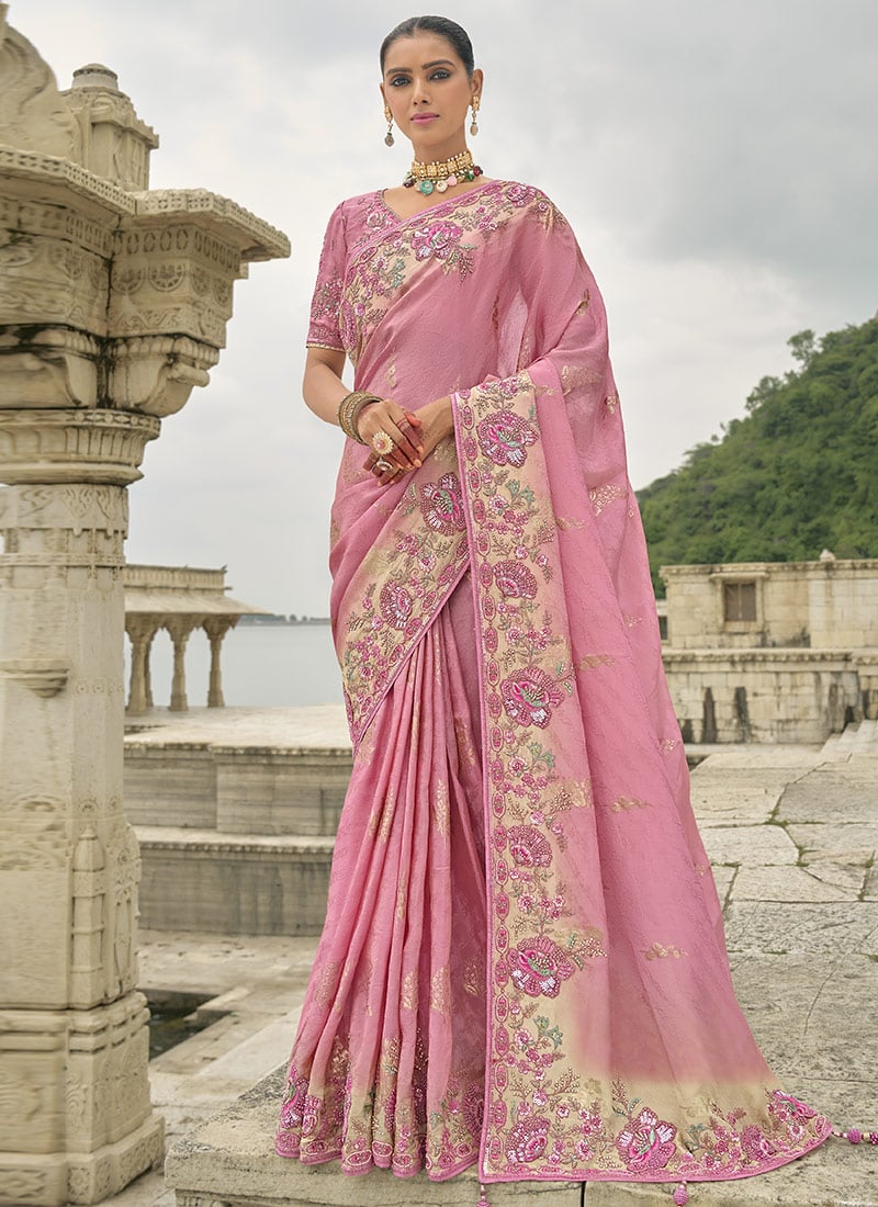 Pink Viscose Jacquard Zari Embroidered Sequins Stone And Beads Work Saree Wedding Wear