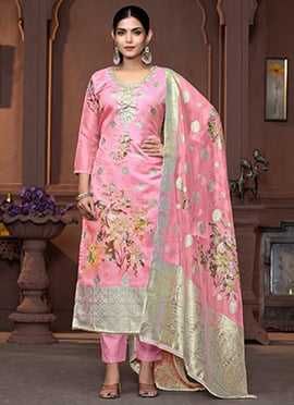 Pink Viscose Organza Banarasi Digital Print Straight Pant Suit