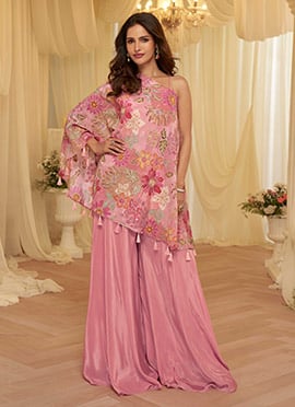 Pink Viscose Printed Zari Embroidered Sequins One Shoulder Indowestern Palazzo Set