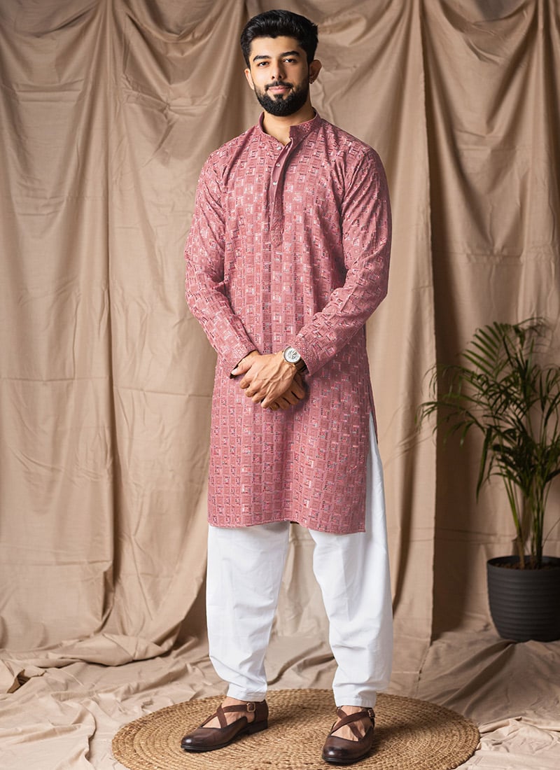 Pink Viscose Rayon Embroidered Kurta Pyjama Festive Wear