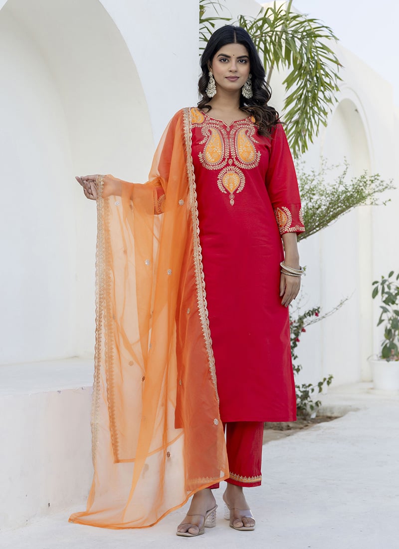 Pink Viscose Rayon Embroidered Straight Pant Suit Festive Wear