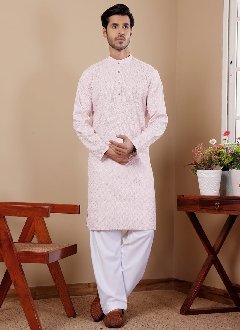 Pink Viscose Sequins And Embroidered Thread Work Kurta Pyjama Festive Wear