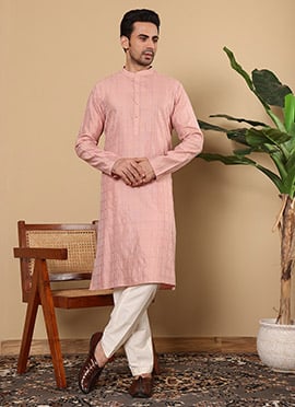 Pink Viscose Silk Embroidered Kurta For Men
