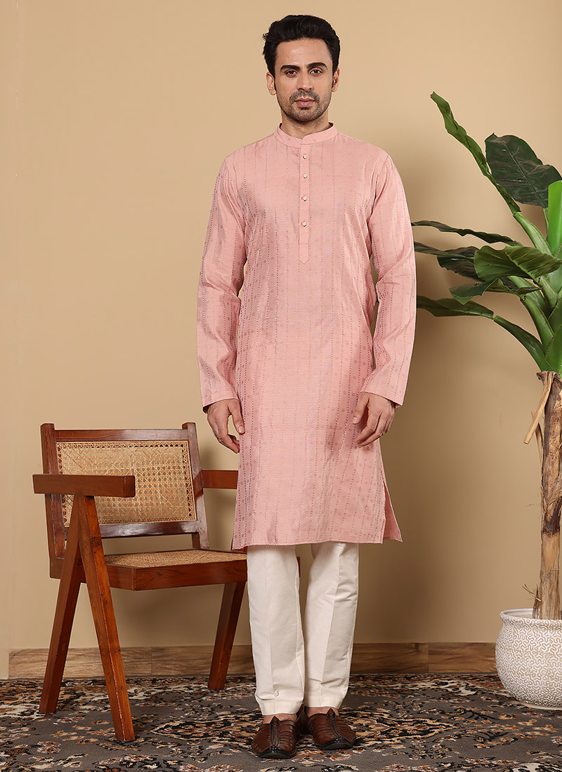 Pink Viscose Silk Embroidered Kurta Pyjama Festive Wear
