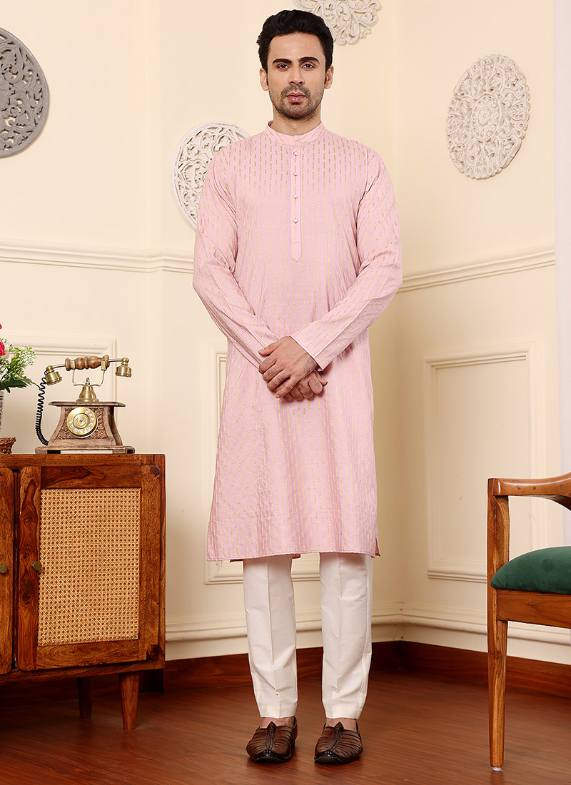 Pink Viscose Silk Embroidered Kurta Pyjama Festive Wear
