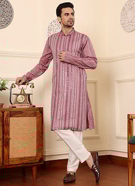 Pink Viscose Silk Embroidered Sequin Kurta For Men