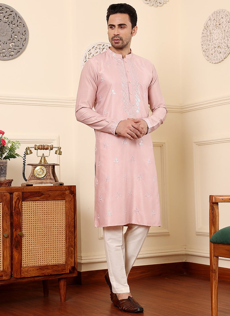 Pink Viscose Silk Embroidered Sequin Kurta For Men