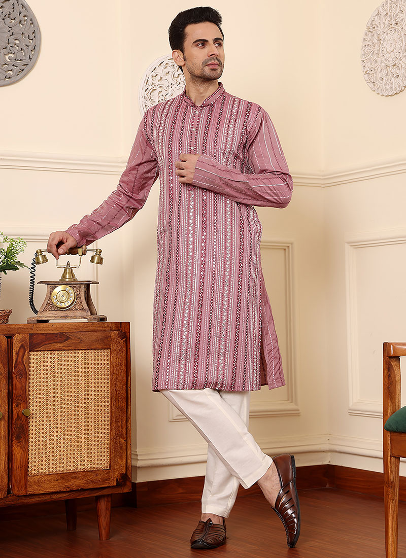 Pink Viscose Silk Embroidered Sequins Kurta Pyjama Festive Wear