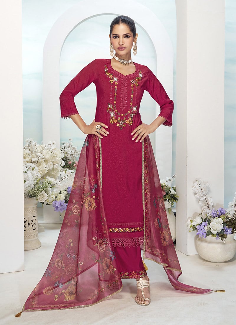 Pink Viscose Silk Embroidered Sequins Straight Pant Suit Festive Wear