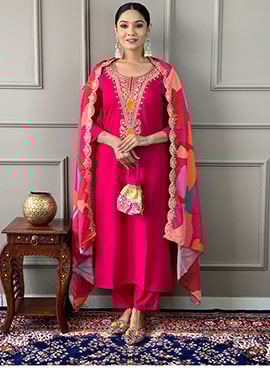 Pink Viscose Silk Embroidered Straight Pant Suit With Digital Print Dupatta