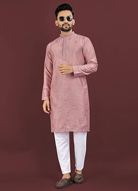 Pink Viscose Silk Kurta Pyjama Set With Intricate Embroidery And Sequin Highlights