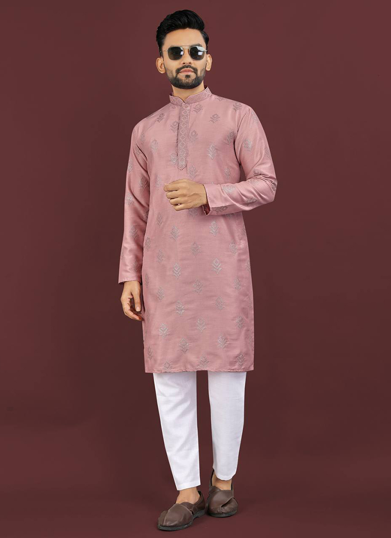Pink Viscose Silk Kurta Pyjama Set With Intricate Embroidery And Sequin Highlights Festive Wear