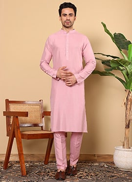 Pink Viscose Silk Solid Kurta For Men
