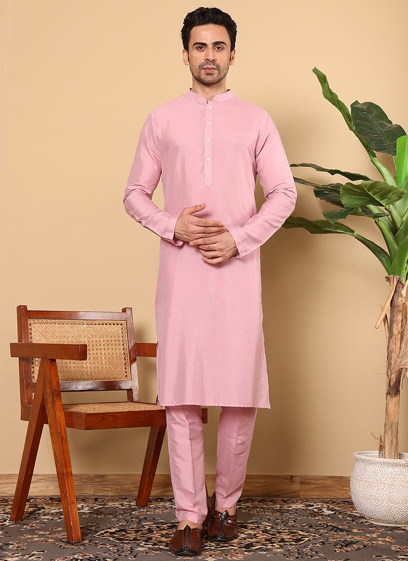Pink Viscose Silk Solid Kurta For Men