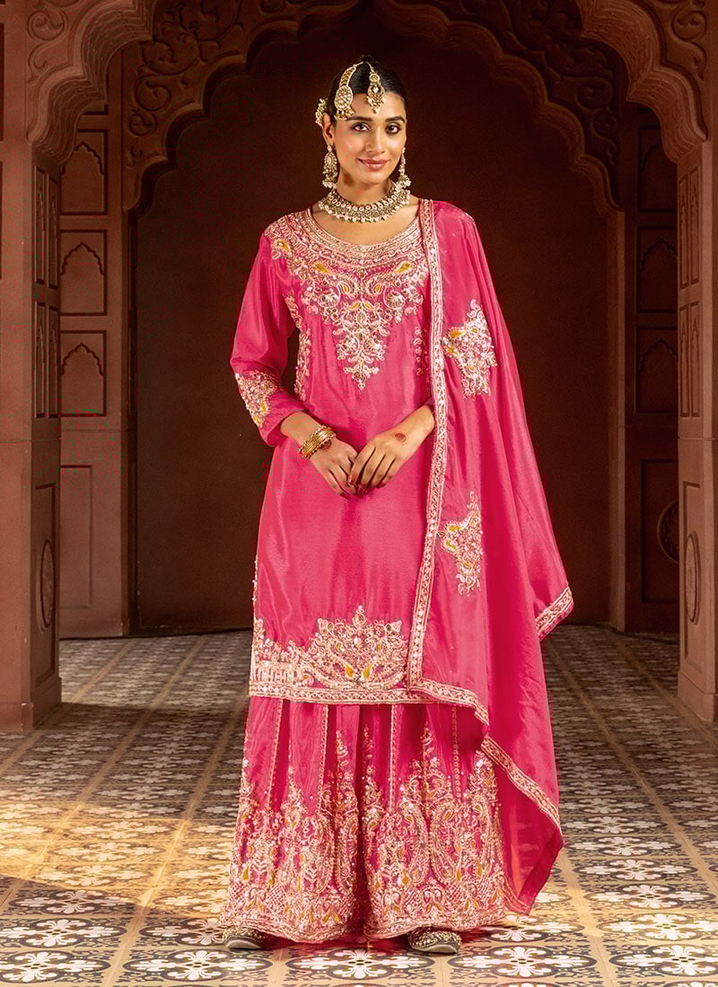 Pink Chinon Zari Beads Sequins Glamorous Palazzo Suit Festive Wear