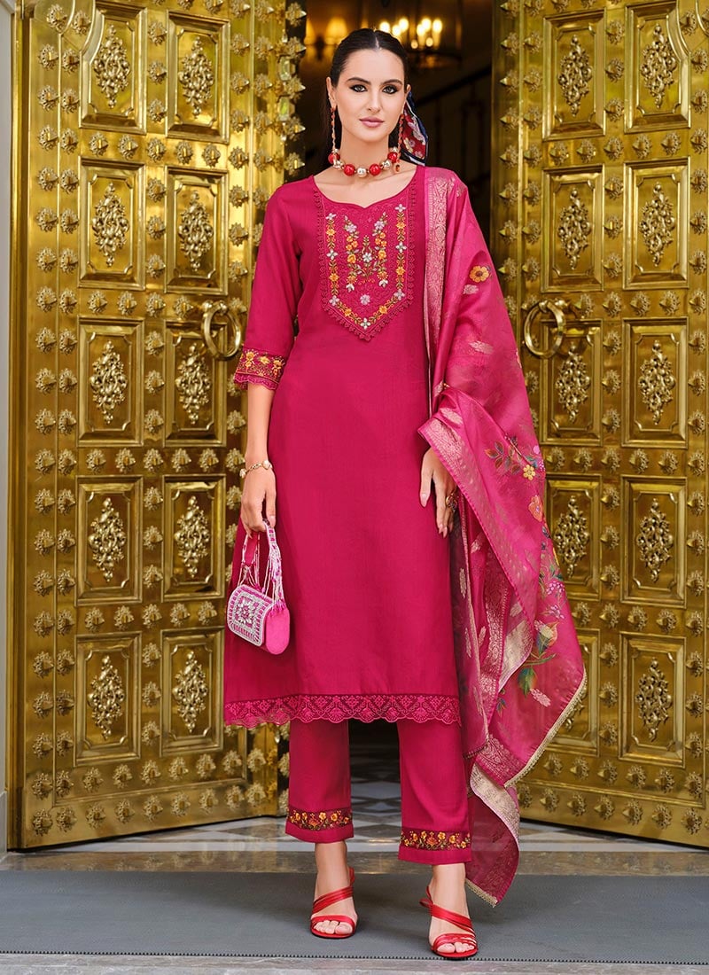Pink Viscose Straight Pant Suit With Embroidery And Digital Print After Six Wear