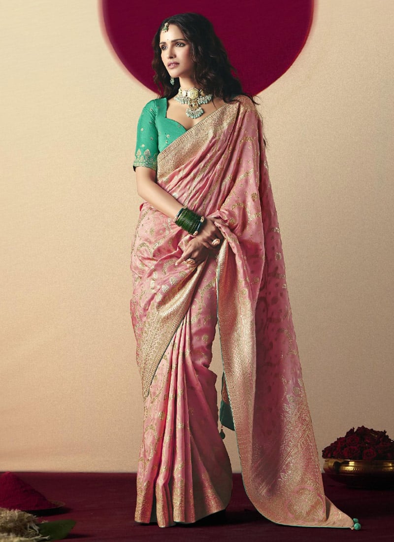 Pink Viscose Zari And Jacquard Saree Festive Wear