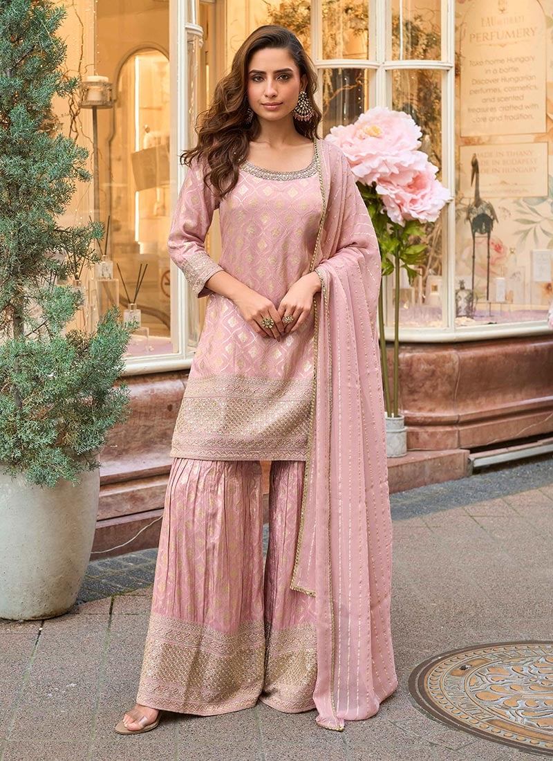 Pink Viscose Zari Embroidered Sequins Sharara Suit Festive Wear