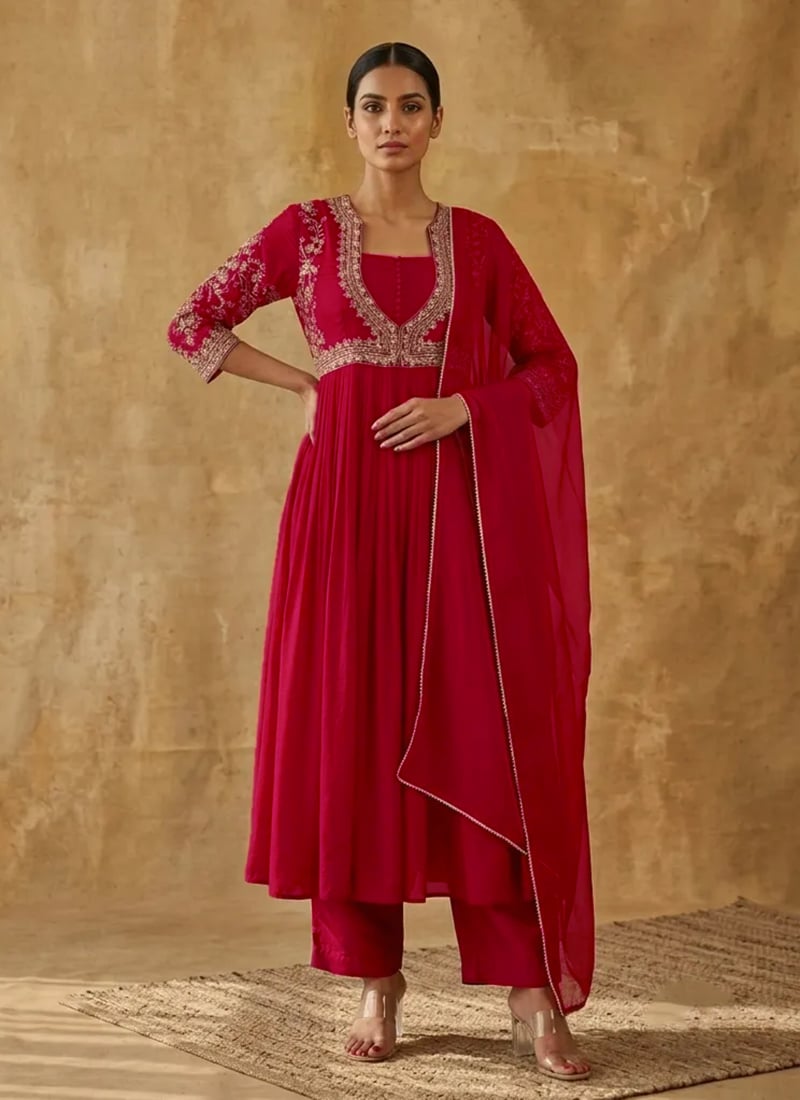 Pink Zari Embroidered Sequins Chanderi Silk Anarkali Suit Festive Wear