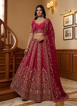 Pink Zari Embroidered Sequins Gadhwal Silk Classy Bridal Lehenga Set
