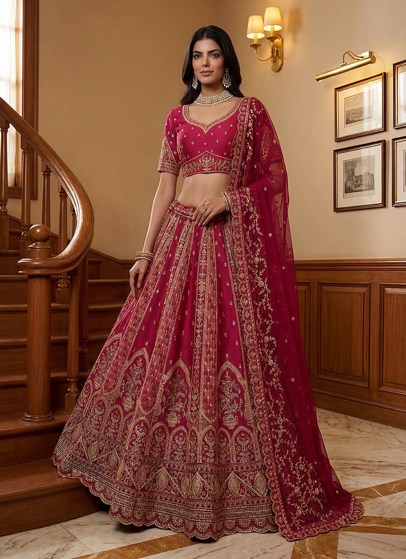 Pink Zari Embroidered Sequins Gadhwal Silk Classy Bridal Lehenga Set Wedding Wear