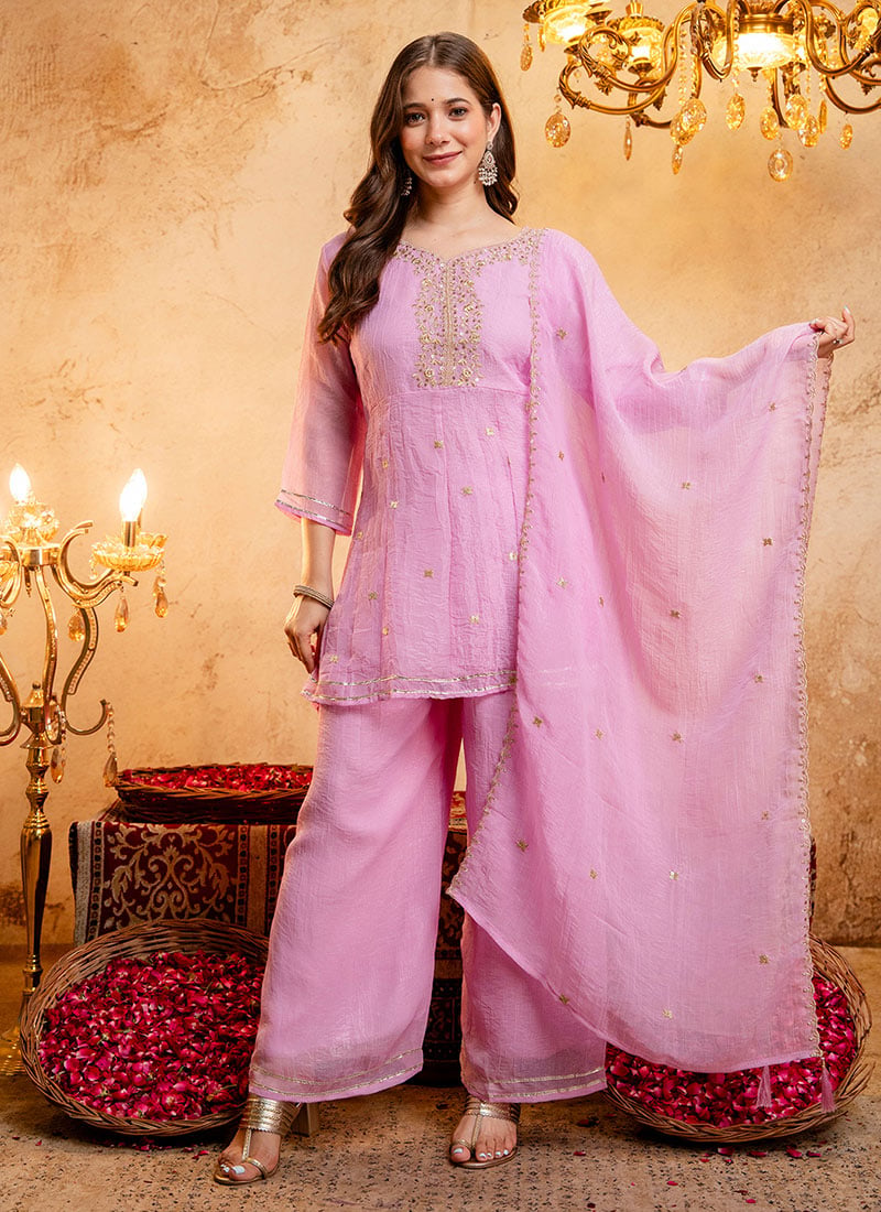 Pink Zari Embroidery Sequins Silk Palazzo Suit Festive Wear
