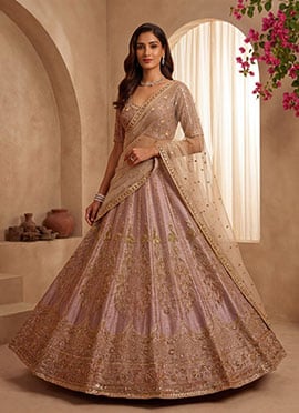 Pink Zari Hand Embroidered Sequins Gadhwal Silk  Bridal Lehenga Set