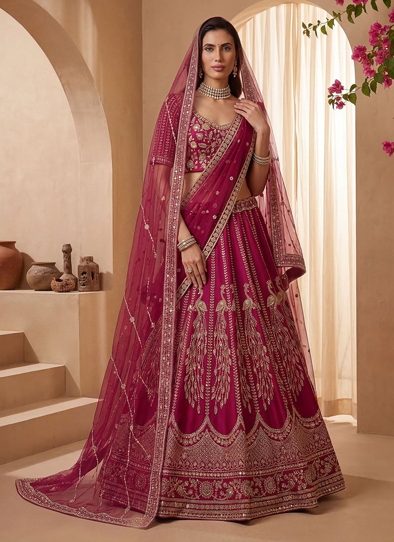 Pink Zari Hand Embroidered Sequins Gadhwal Silk Stunning Bridal Lehenga Set Wedding Wear