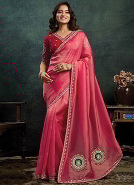 Pink Zari Organza Silk Sequins Embroidered Stones Applique Saree