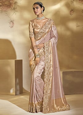 Pink Ziraf Silk Beads Sequins Zari Embroidered Thread Cutdana Saree