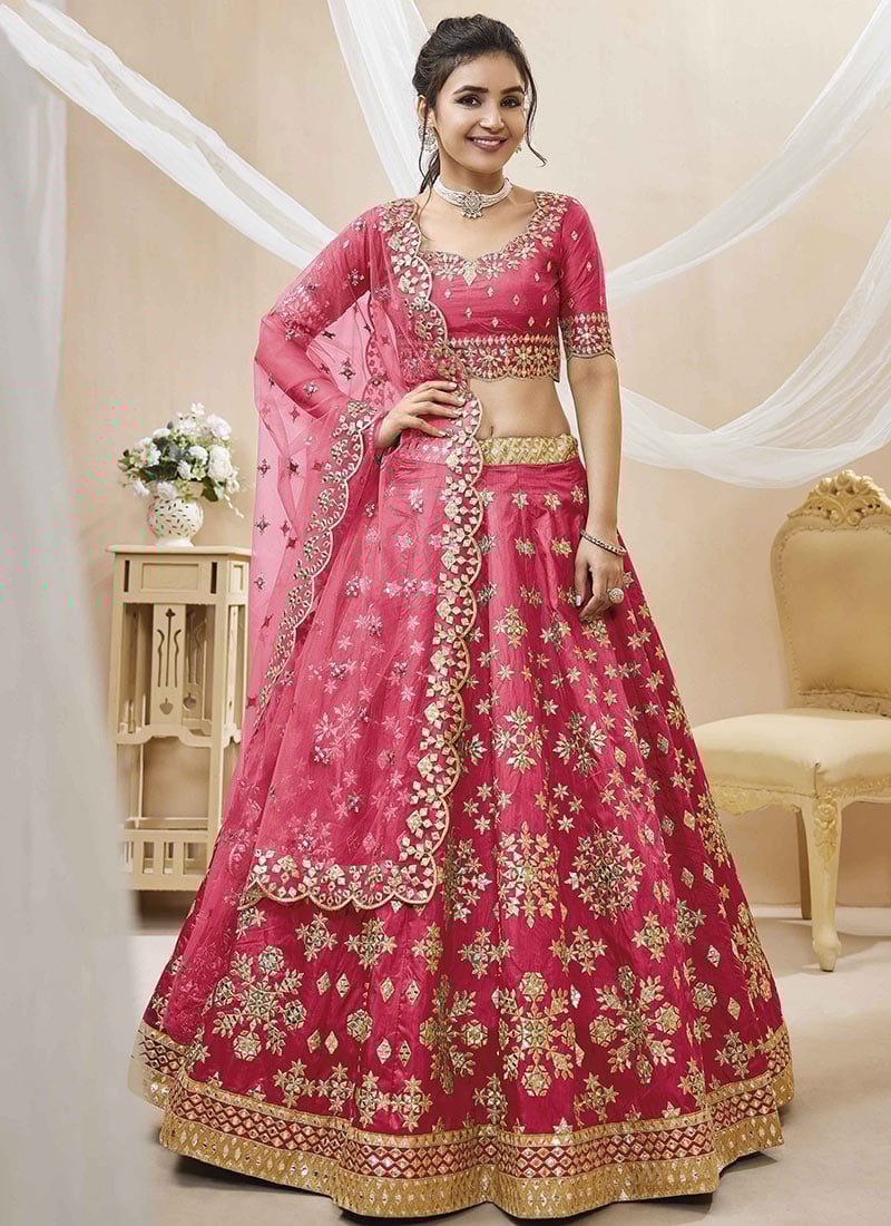 Pink Art Silk Zari Embroidered Umbrella Lehenga Wedding Wear